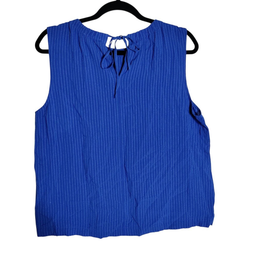 Royal Blue Pinstripe Sleeveless Keyhole Tie Back Blouse Top Womens